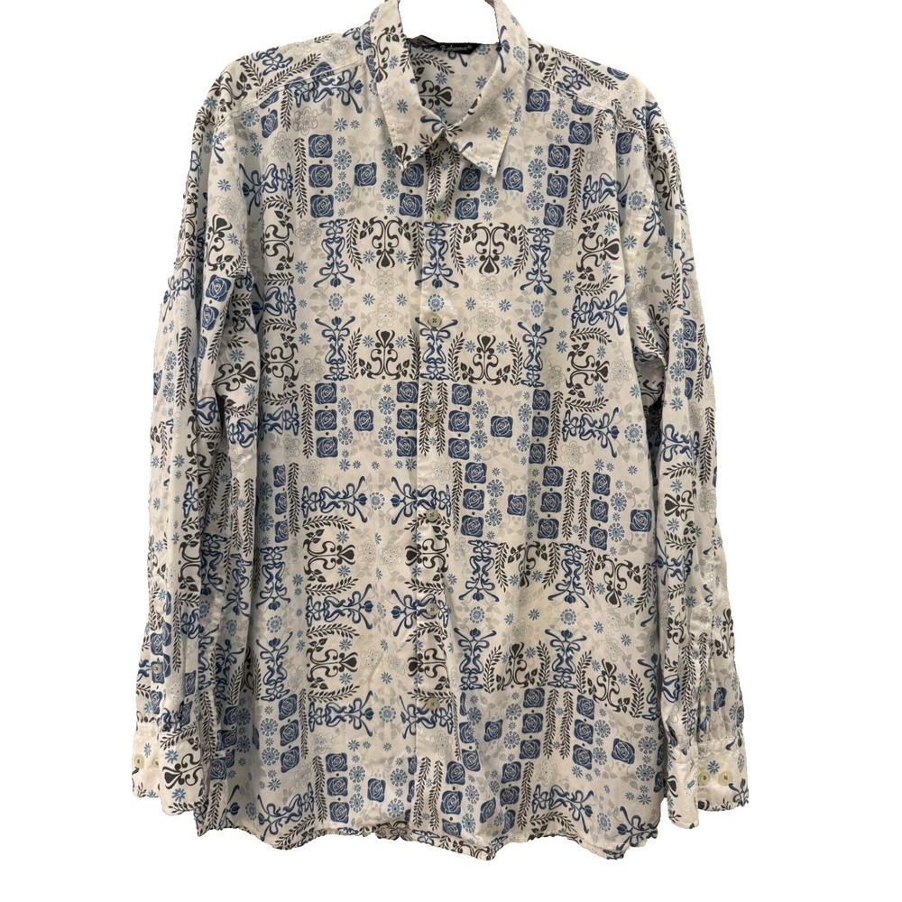 Tommy Bahama White‎ Blue Hawaiian Retro Print Long Sleeve Shirt Size Large